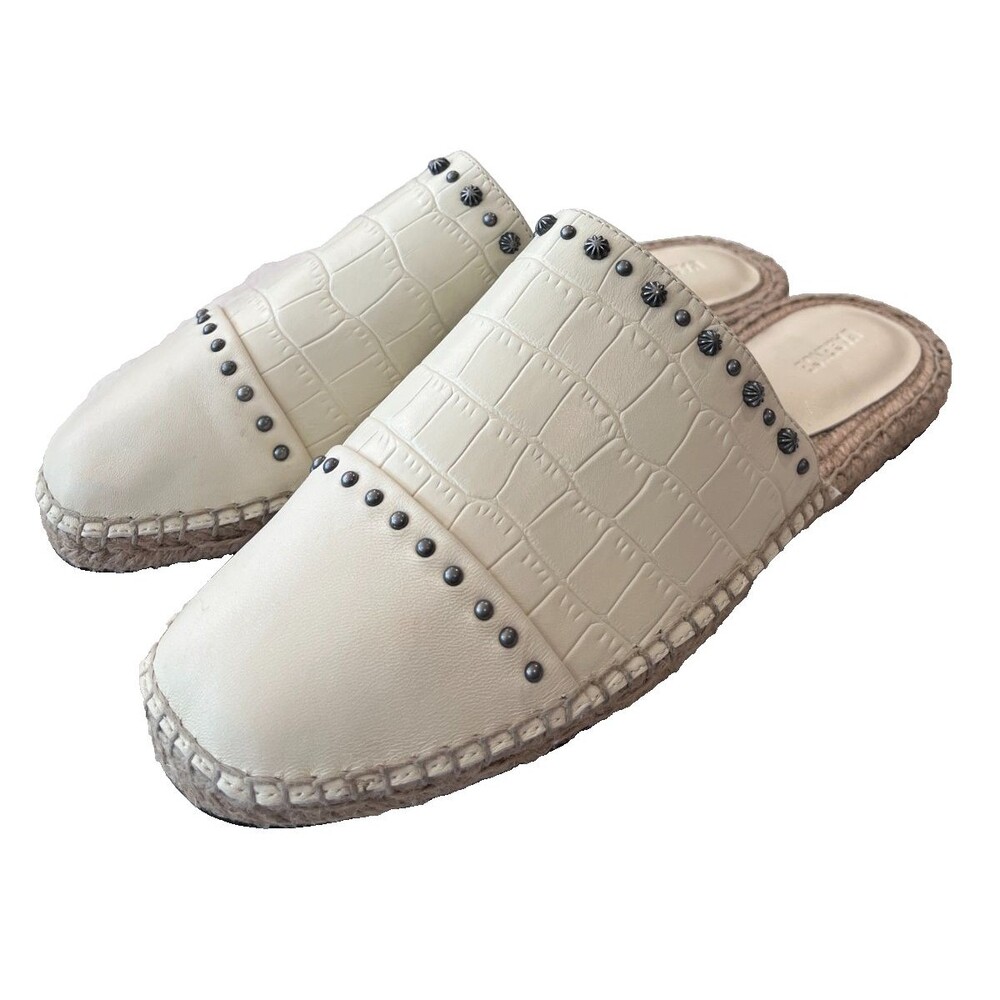 L’AGENCE Helenor NEW Size 8 Croc Embossed Leather Espadrille Raffia Slides Studs